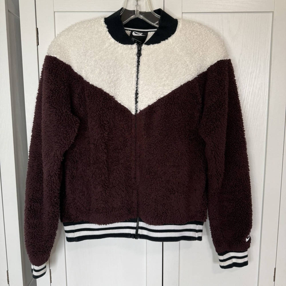 Nike Sportswear Bomber Jacket Women's Small Sherpa Fuzzy Burgundy Zip Up Logo